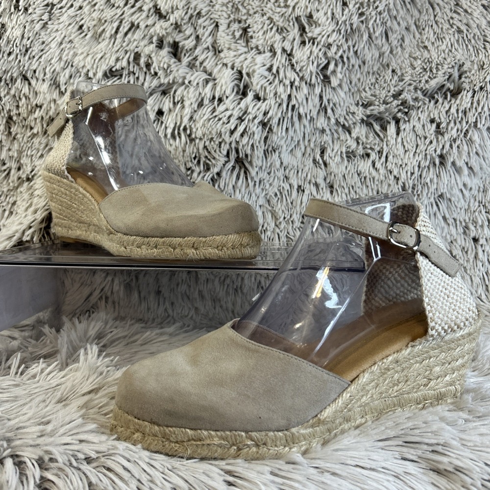 Paseart Tan Suede Jute Wedge Spain Espadrille Closed Toe Sandal Ankle Strap 9 40